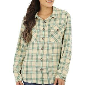Democracy Women Green Plaid Frayed Longsleeve Button Down Small Shirt Pockets